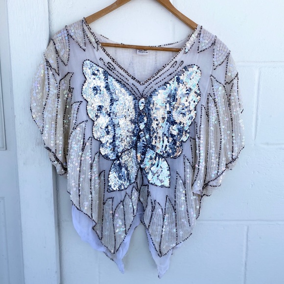 Vintage Tops - Vintage 80’s 100% Silk Sequin Butterfly Blouse